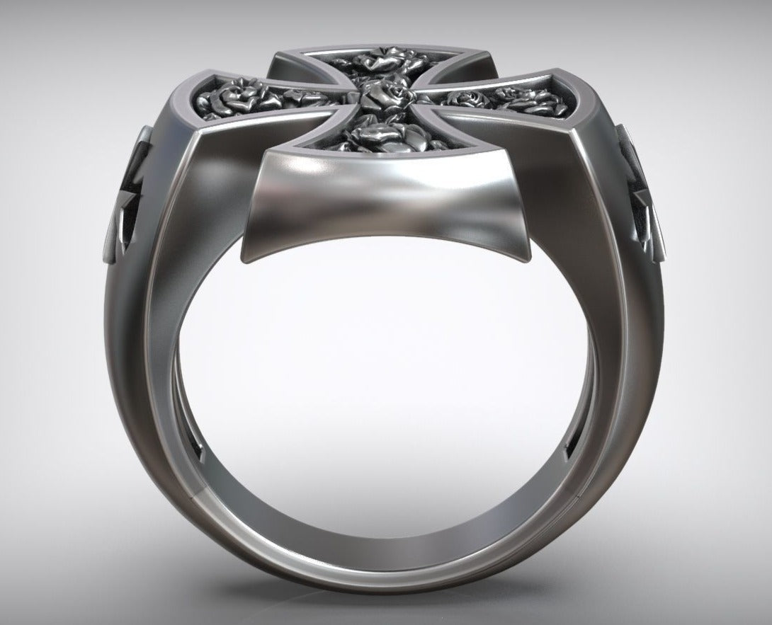 Zyan Gems | Unique Designed Cross Ring with Roses |  Sterling Silver Oxidized Ring