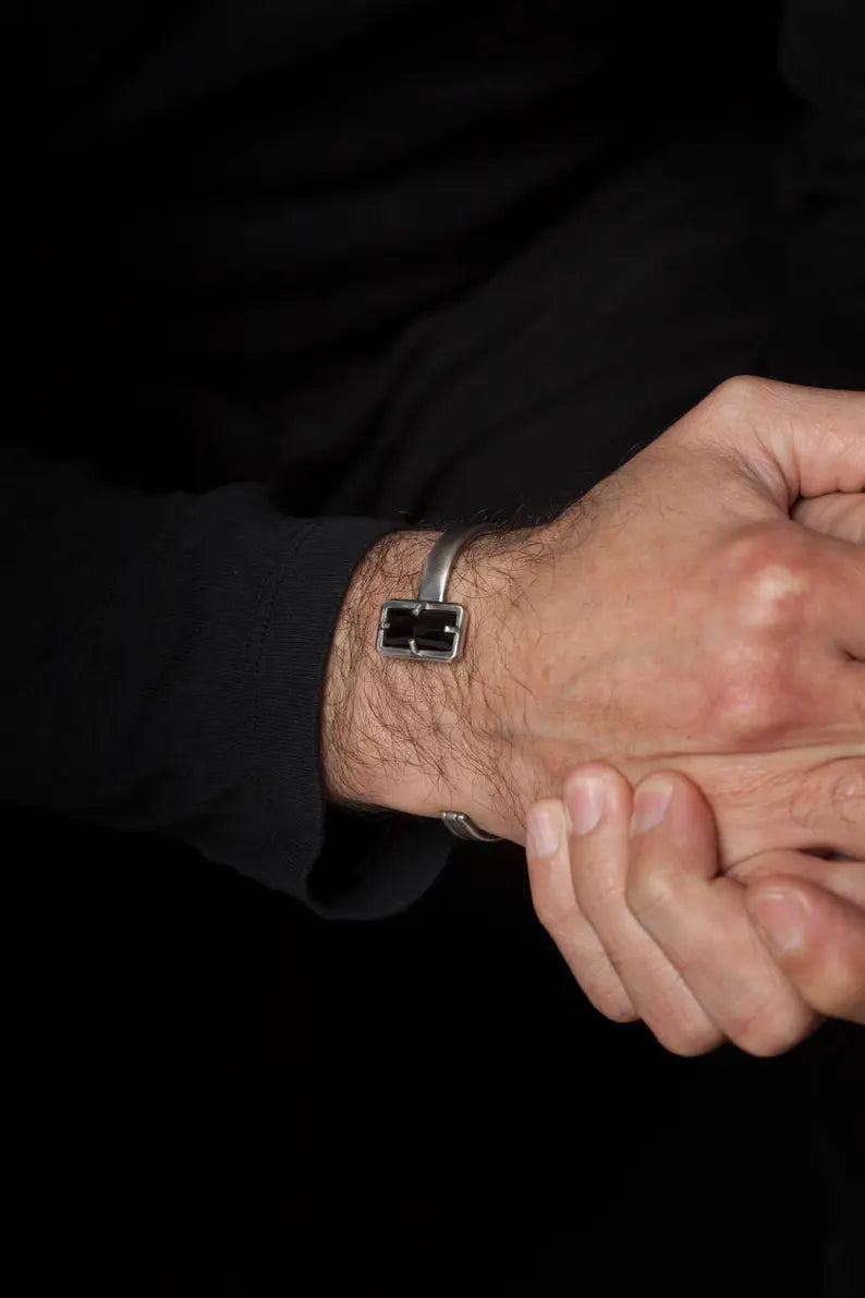 Zyan Gems |  Natural Black Onyx Bracelet for Men |  Sterling Silver Bracelet