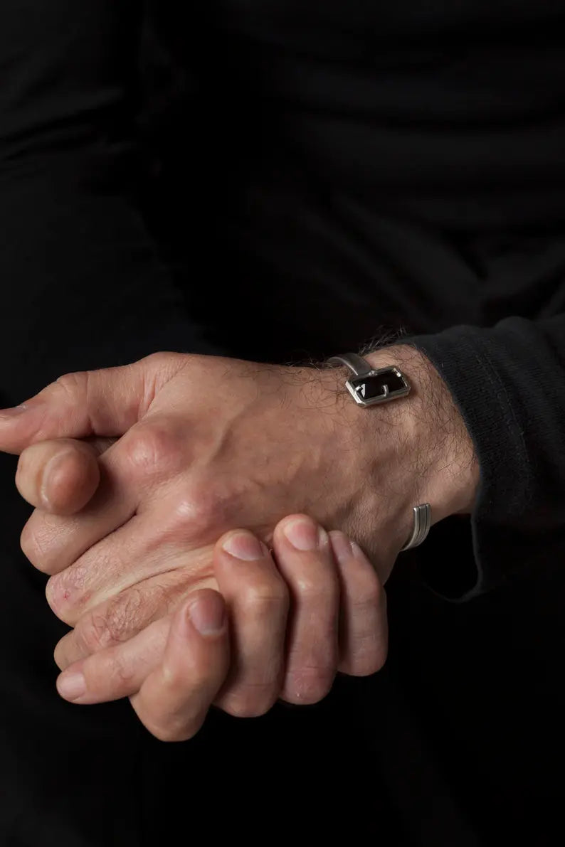 Zyan Gems |  Natural Black Onyx Bracelet for Men |  Sterling Silver Bracelet