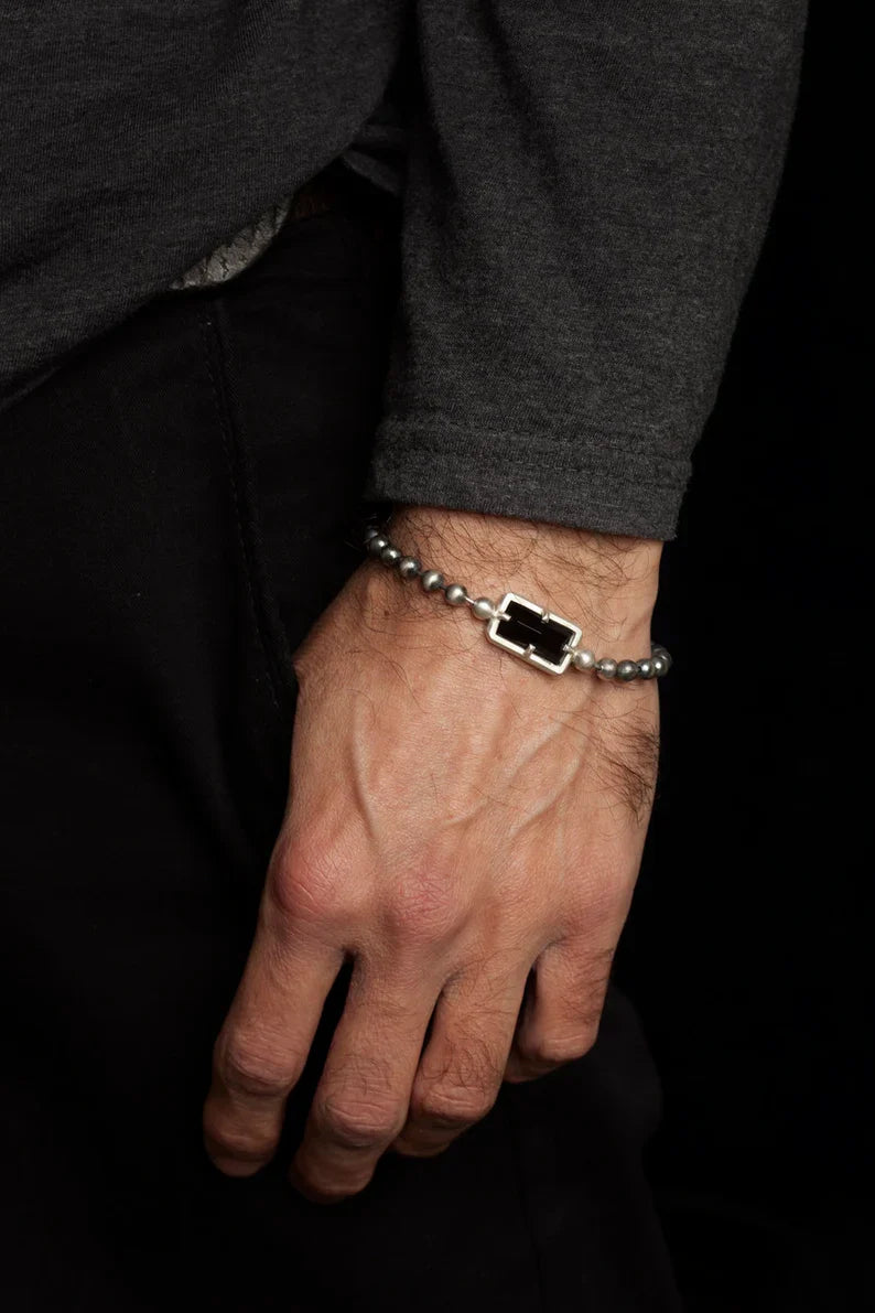 Zyan Gems |  Natural Black Onyx Bracelet for Men |  Sterling Silver Bracelet