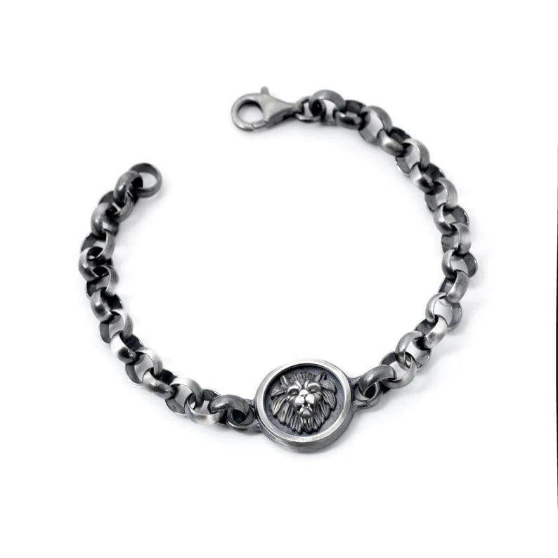 Zyan Gems | Unique Oxidized Lion Head Bracelet for Men |  Sterling Silver Bracelet