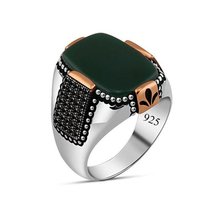 Zyan Gems | Unique Designed Turkish Style Ring with Natural Green Onyx |  Sterling Silver Oxidized Ring