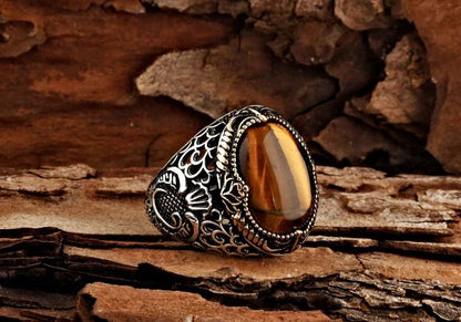 Zyan Gems | Unique Designed Turkish Style Ring with Natural Tiger Eye  |  Sterling Silver Oxidized Ring