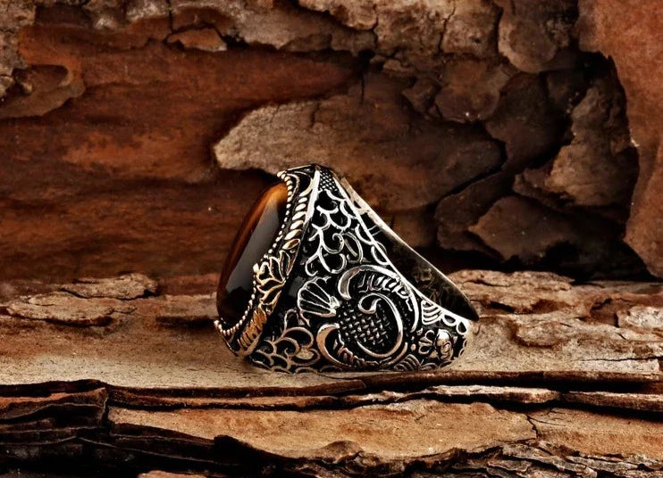 Zyan Gems | Unique Designed Turkish Style Ring with Natural Tiger Eye  |  Sterling Silver Oxidized Ring