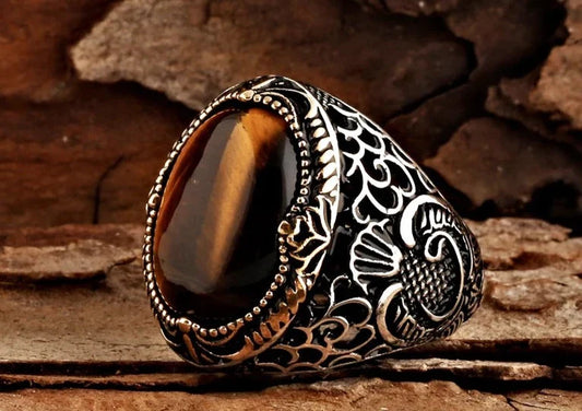 Zyan Gems | Unique Designed Turkish Style Ring with Natural Tiger Eye  |  Sterling Silver Oxidized Ring