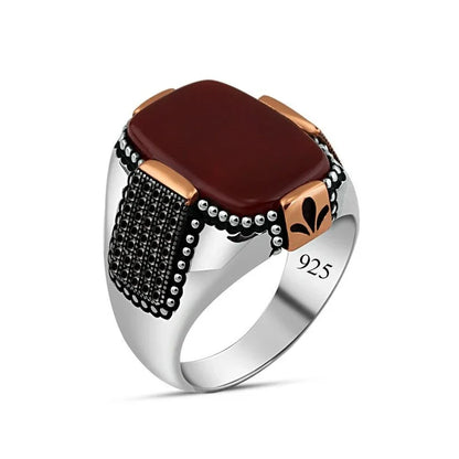 Zyan Gems | Unique Turkish Style Ring with Natural Red Agate |  Sterling Silver Oxidized Ring
