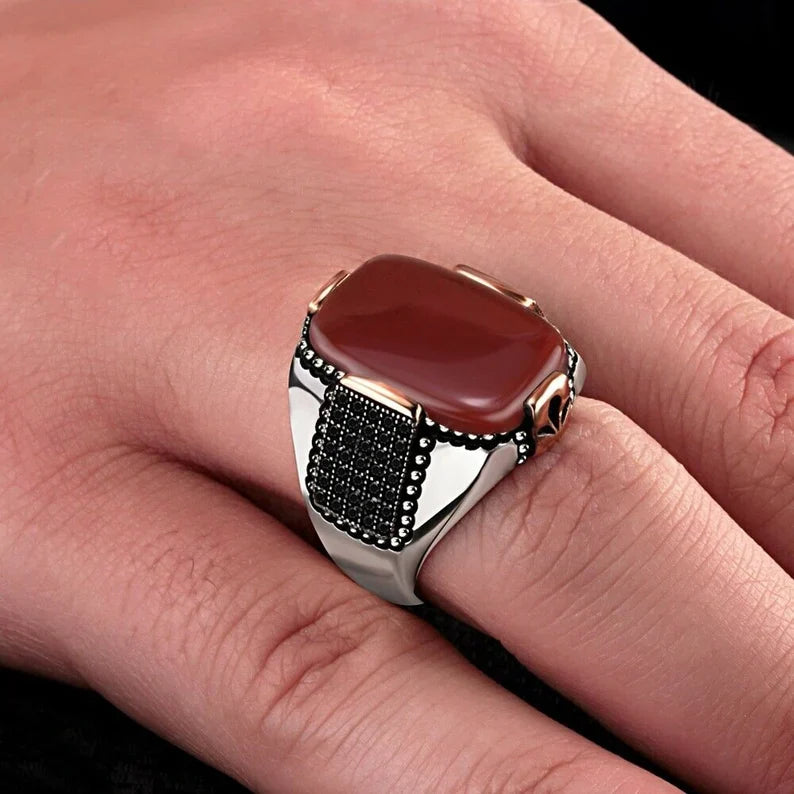 Zyan Gems | Unique Turkish Style Ring with Natural Red Agate |  Sterling Silver Oxidized Ring