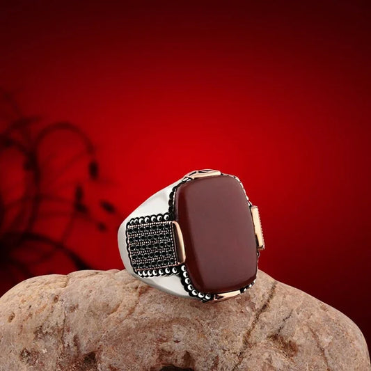 Zyan Gems | Unique Turkish Style Ring with Natural Red Agate |  Sterling Silver Oxidized Ring