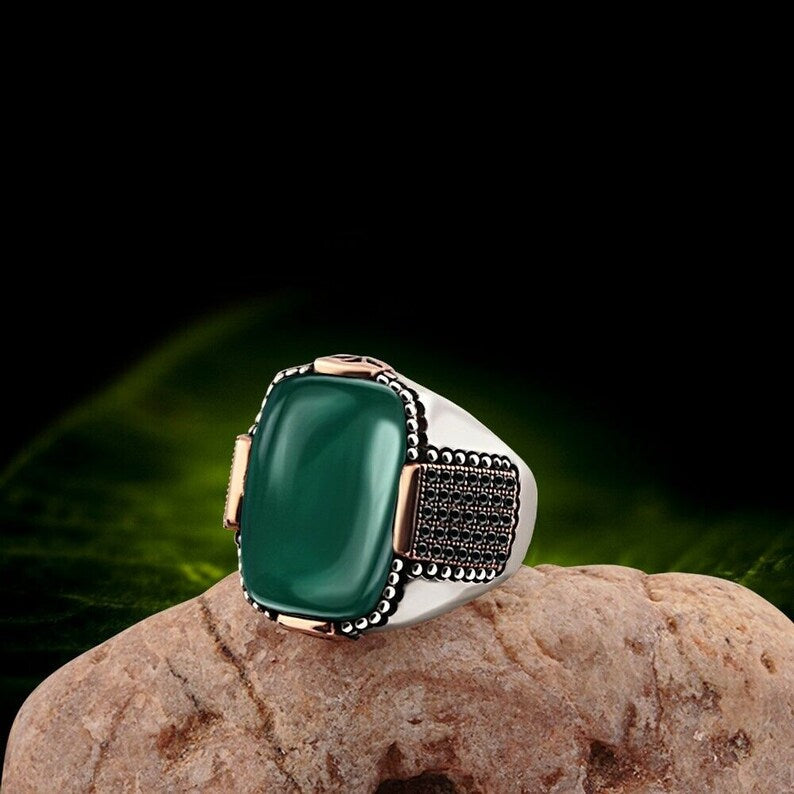 Zyan Gems | Unique Designed Turkish Style Ring with Natural Green Onyx |  Sterling Silver Oxidized Ring