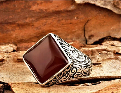 Zyan Gems | Unique Turkish Style Ring with Natural Red Agate  |  Sterling Silver Oxidized Ring