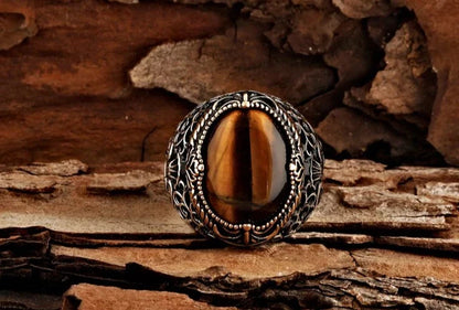 Zyan Gems | Unique Designed Turkish Style Ring with Natural Tiger Eye  |  Sterling Silver Oxidized Ring
