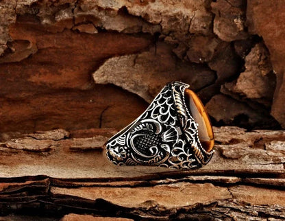 Zyan Gems | Unique Designed Turkish Style Ring with Natural Tiger Eye  |  Sterling Silver Oxidized Ring