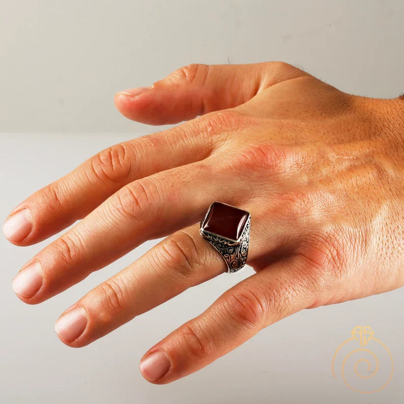 Zyan Gems | Unique Turkish Style Ring with Natural Red Agate  |  Sterling Silver Oxidized Ring