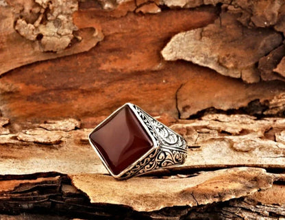 Zyan Gems | Unique Turkish Style Ring with Natural Red Agate  |  Sterling Silver Oxidized Ring