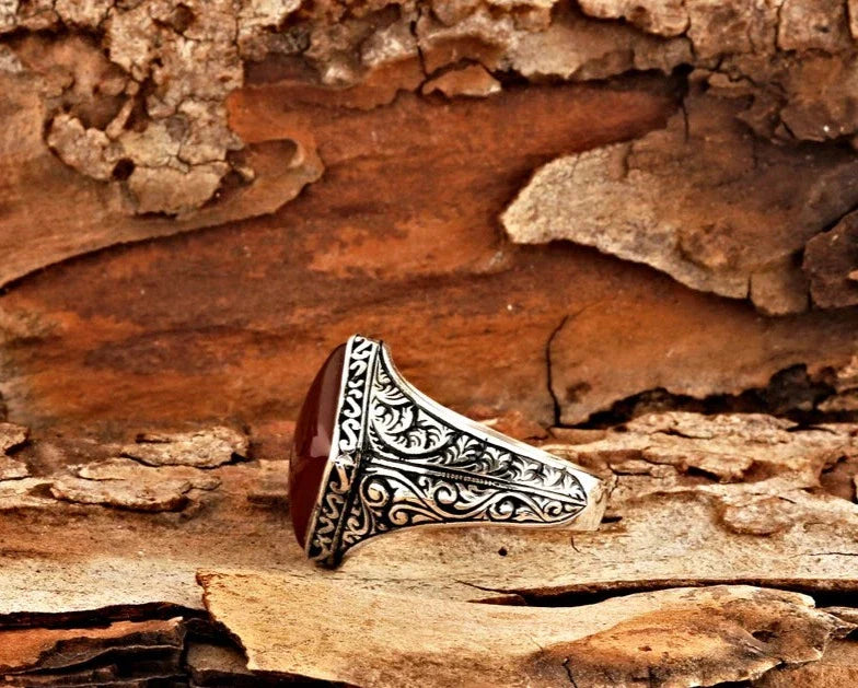 Zyan Gems | Unique Turkish Style Ring with Natural Red Agate  |  Sterling Silver Oxidized Ring