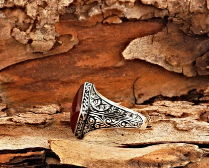 Zyan Gems | Unique Turkish Style Ring with Natural Red Agate  |  Sterling Silver Oxidized Ring