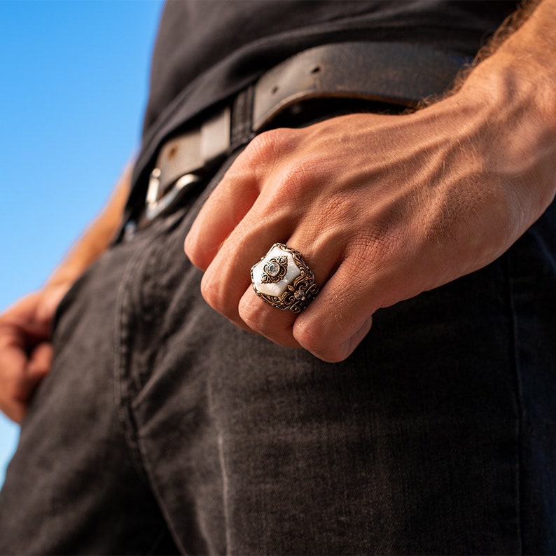 Zyan Gems | Unique Turkish Style Ring with Natural Pearl |  Sterling Silver Oxidized Ring
