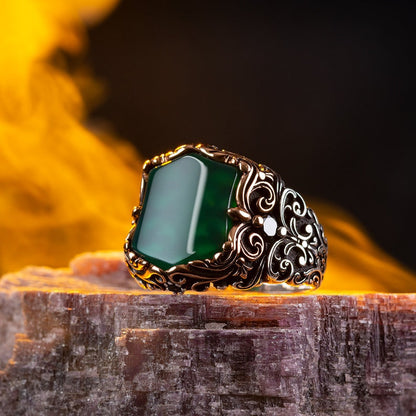 Zyan Gems | Unique Turkish Style Ring with Natural Green Onyx |  Sterling Silver Oxidized Ring