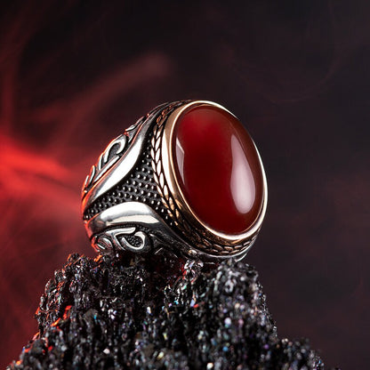 Zyan Gems | Unique Turkish Style Ring with Natural Red Agate |  Sterling Silver Oxidized Ring