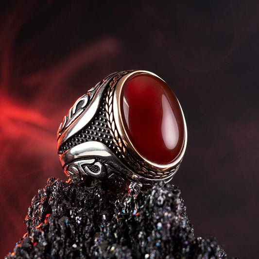 Zyan Gems | Unique Turkish Style Ring with Natural Red Agate |  Sterling Silver Oxidized Ring