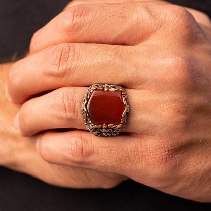 Zyan Gems | Unique Turkish Style Ring with Natural Red Agate |  Sterling Silver Oxidized Ring