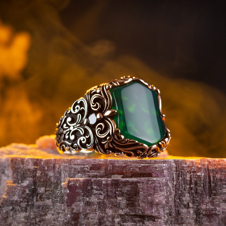Zyan Gems | Unique Turkish Style Ring with Natural Green Onyx |  Sterling Silver Oxidized Ring
