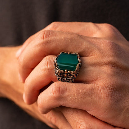 Zyan Gems | Unique Turkish Style Ring with Natural Green Onyx |  Sterling Silver Oxidized Ring