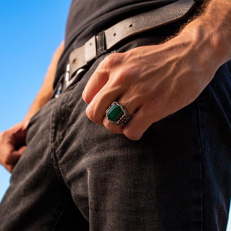Zyan Gems | Unique Turkish Style Ring with Natural Green Onyx |  Sterling Silver Oxidized Ring