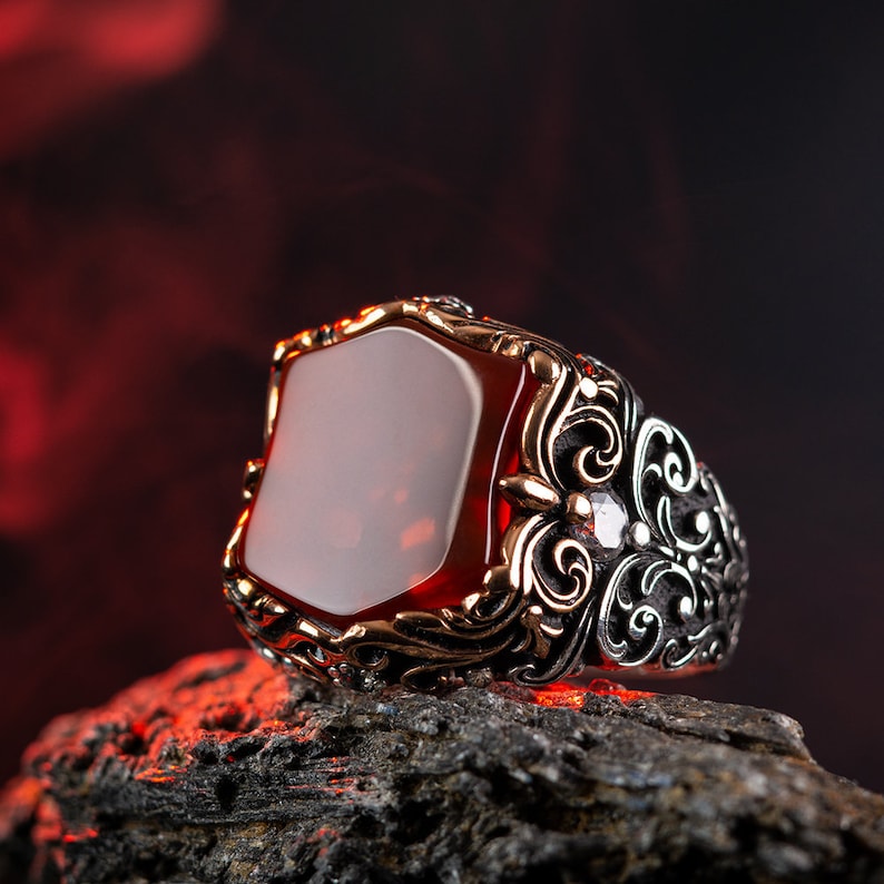 Zyan Gems | Unique Turkish Style Ring with Natural Red Agate |  Sterling Silver Oxidized Ring