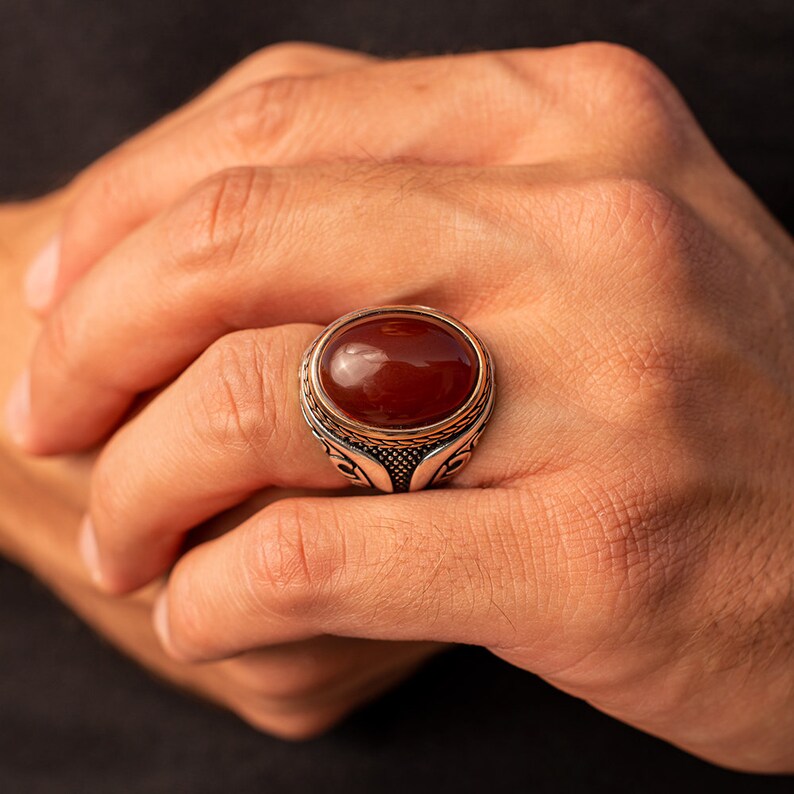 Zyan Gems | Unique Turkish Style Ring with Natural Red Agate |  Sterling Silver Oxidized Ring