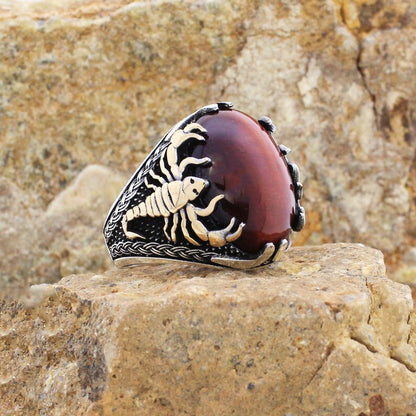 Zyan Gems | Unique Designed Turkish Style Ring with Natural Tiger Eye  |  Sterling Silver Oxidized Ring