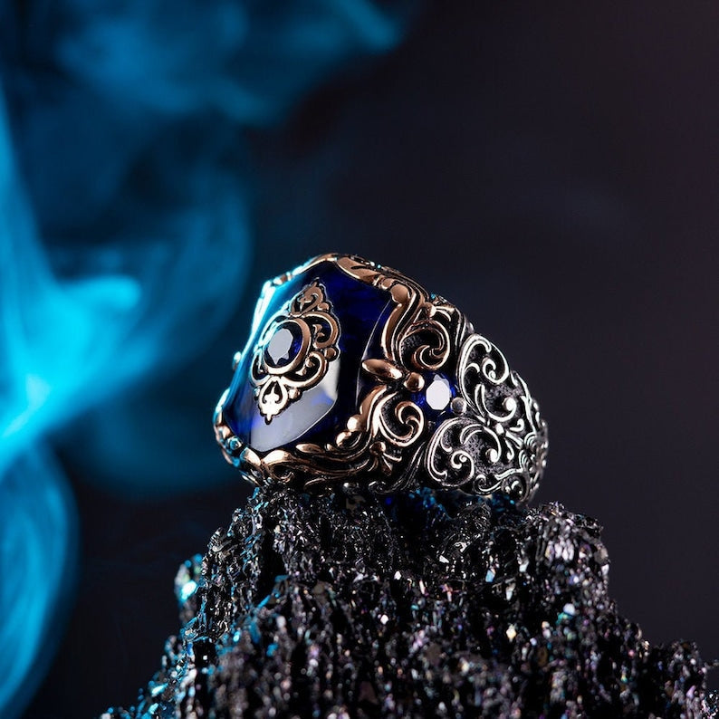 Zyan Gems | Unique Turkish Style Ring with Blue Zircon |  Sterling Silver Oxidized Ring