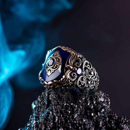 Zyan Gems | Unique Turkish Style Ring with Blue Zircon |  Sterling Silver Oxidized Ring