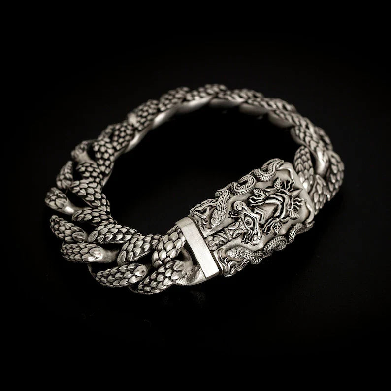 16mm wide Solid.  sterling silver bracelet with Snake Textured and Dagger oxidized Cuban design | Sterling Silver Bracelet Authenticity and