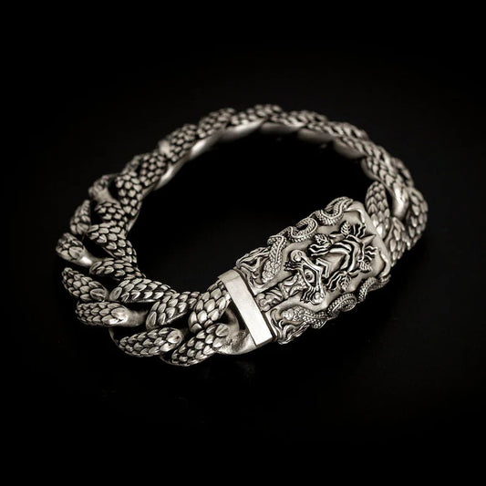 16mm wide Solid.  sterling silver bracelet with Snake Textured and Dagger oxidized Cuban design | Sterling Silver Bracelet Authenticity and
