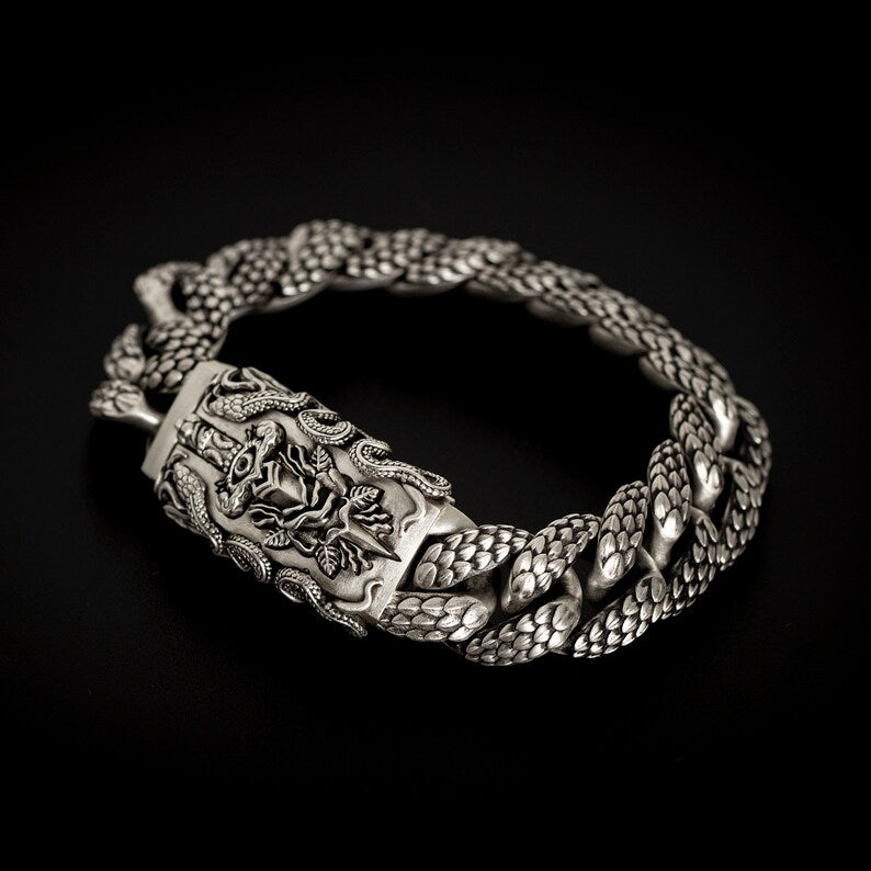 16mm wide Solid.  sterling silver bracelet with Snake Textured and Dagger oxidized Cuban design | Sterling Silver Bracelet Authenticity and