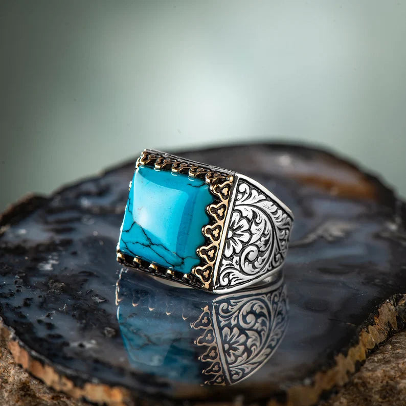 Zyan Gems | Unique Designed Turkish Style Ring with Natural Irani Origin Turquoise |  Sterling Silver Oxidized Ring |With Certificate of Authenticity and