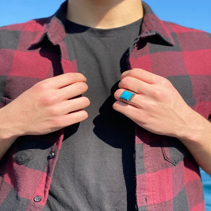 Zyan Gems | Unique Designed Turkish Style Ring with Natural Irani Origin Turquoise |  Sterling Silver Oxidized Ring |With Certificate of Authenticity and