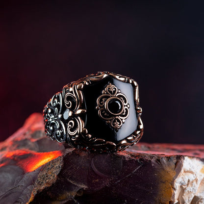 Zyan Gems | Unique Turkish Style Ring with Natural Black Onyx |  Sterling Silver Oxidized Ring
