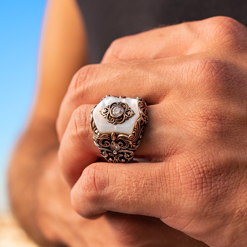 Zyan Gems | Unique Turkish Style Ring with Natural Pearl |  Sterling Silver Oxidized Ring