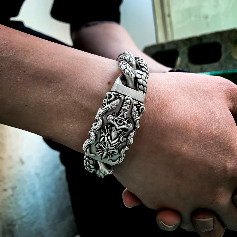 16mm wide Solid.  sterling silver bracelet with Snake Textured and Dagger oxidized Cuban design | Sterling Silver Bracelet Authenticity and