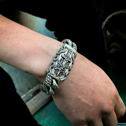 16mm wide Solid.  sterling silver bracelet with Snake Textured and Dagger oxidized Cuban design | Sterling Silver Bracelet Authenticity and