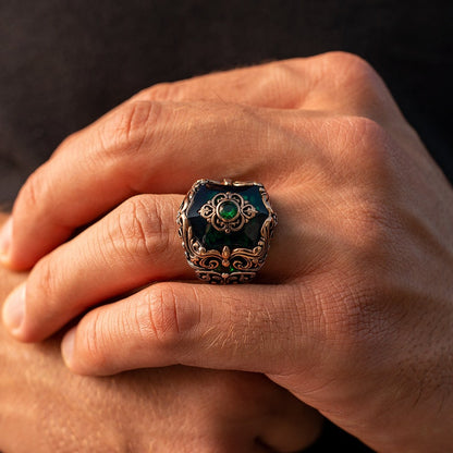 Zyan Gems | Unique Turkish Style Ring with Green Onyx |  Sterling Silver Oxidized Ring