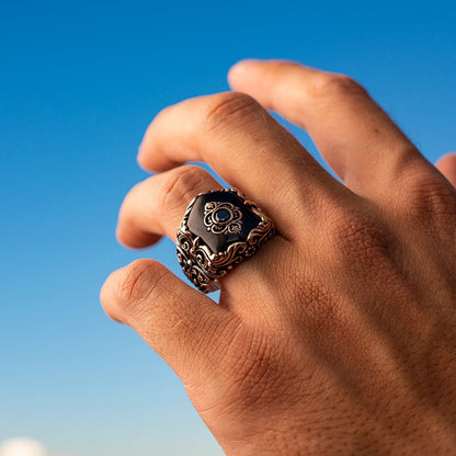 Zyan Gems | Unique Turkish Style Ring with Blue Zircon |  Sterling Silver Oxidized Ring