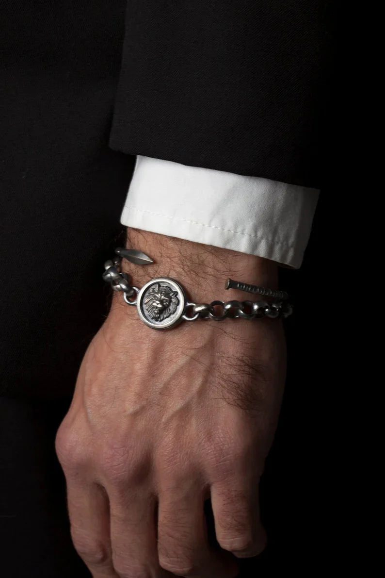 Zyan Gems | Unique Oxidized Lion Head Bracelet for Men |  Sterling Silver Bracelet