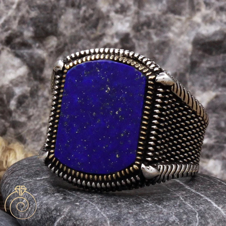 Zyan Gems | Unique Turkish Style Ring with Natural Blue Lapis Lazuli |  Sterling Silver Oxidized Ring