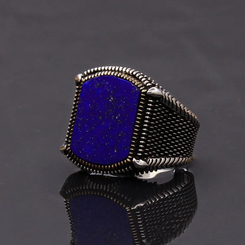 Zyan Gems | Unique Turkish Style Ring with Natural Blue Lapis Lazuli |  Sterling Silver Oxidized Ring