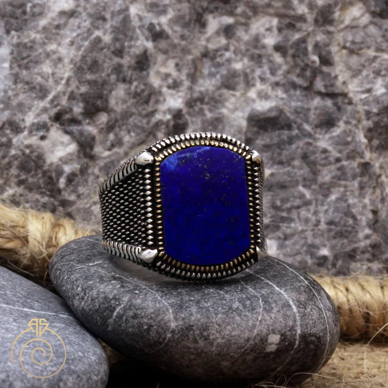 Zyan Gems | Unique Turkish Style Ring with Natural Blue Lapis Lazuli |  Sterling Silver Oxidized Ring