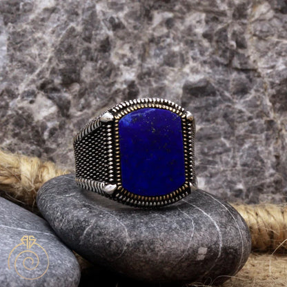 Zyan Gems | Unique Turkish Style Ring with Natural Blue Lapis Lazuli |  Sterling Silver Oxidized Ring