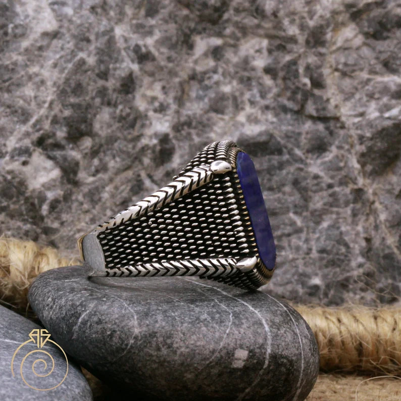 Zyan Gems | Unique Turkish Style Ring with Natural Blue Lapis Lazuli |  Sterling Silver Oxidized Ring